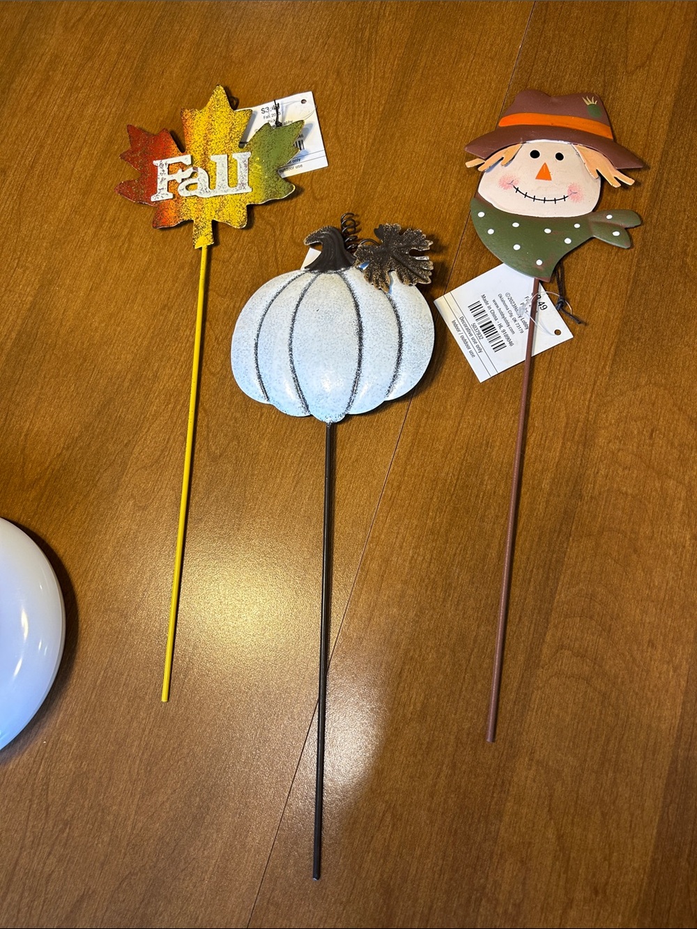 Autumn Fall Leaf, White Pumpkin & Scarecrow Garden Stakes - set of 3